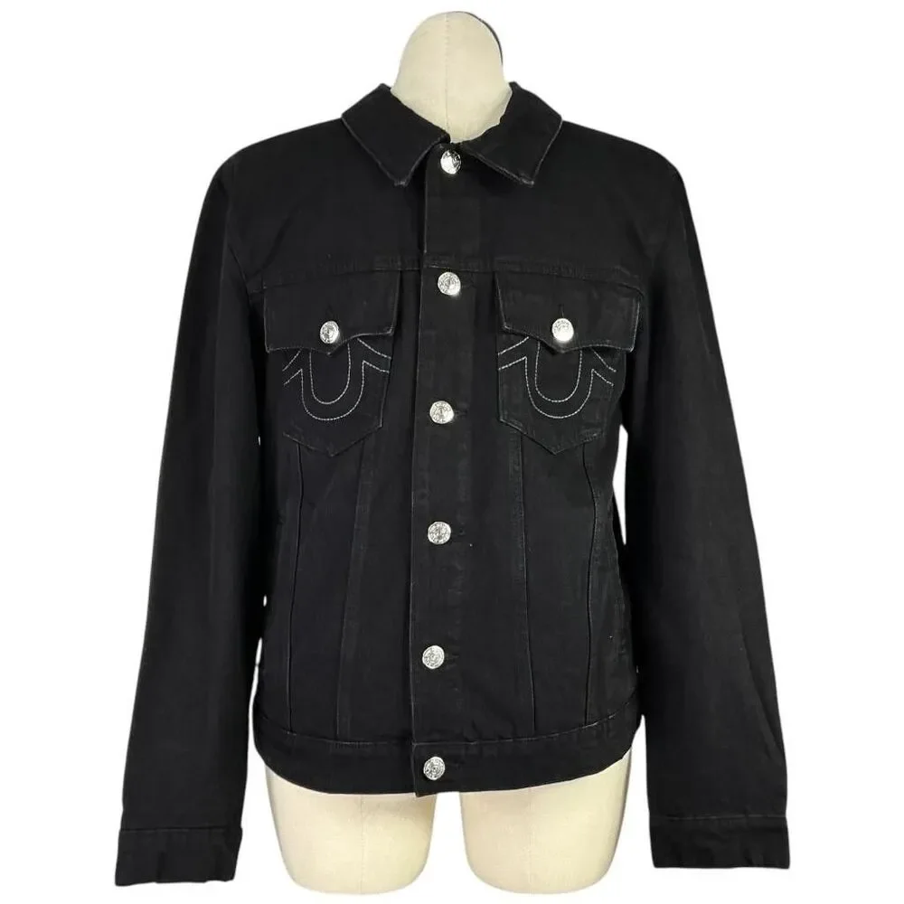 True Religion Jimmy Mens Black Denim Trucker Jacket L Button Front Classic Logo